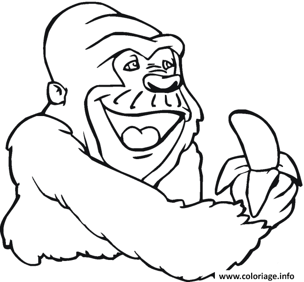 Dessin un gorille papa du singe qui mange une banane Coloriage Gratuit à Imprimer