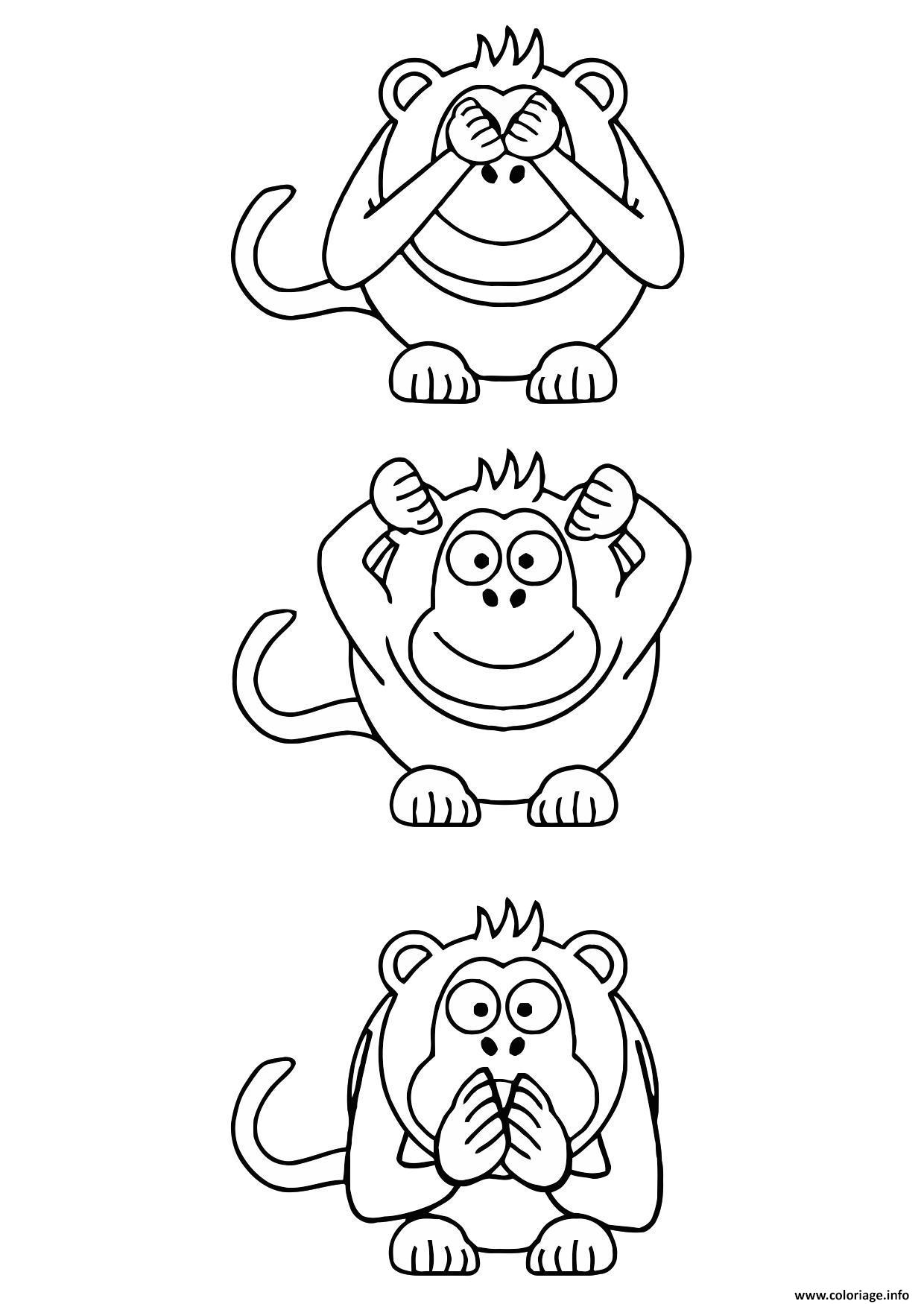 Dessin trois singes facile Coloriage Gratuit à Imprimer