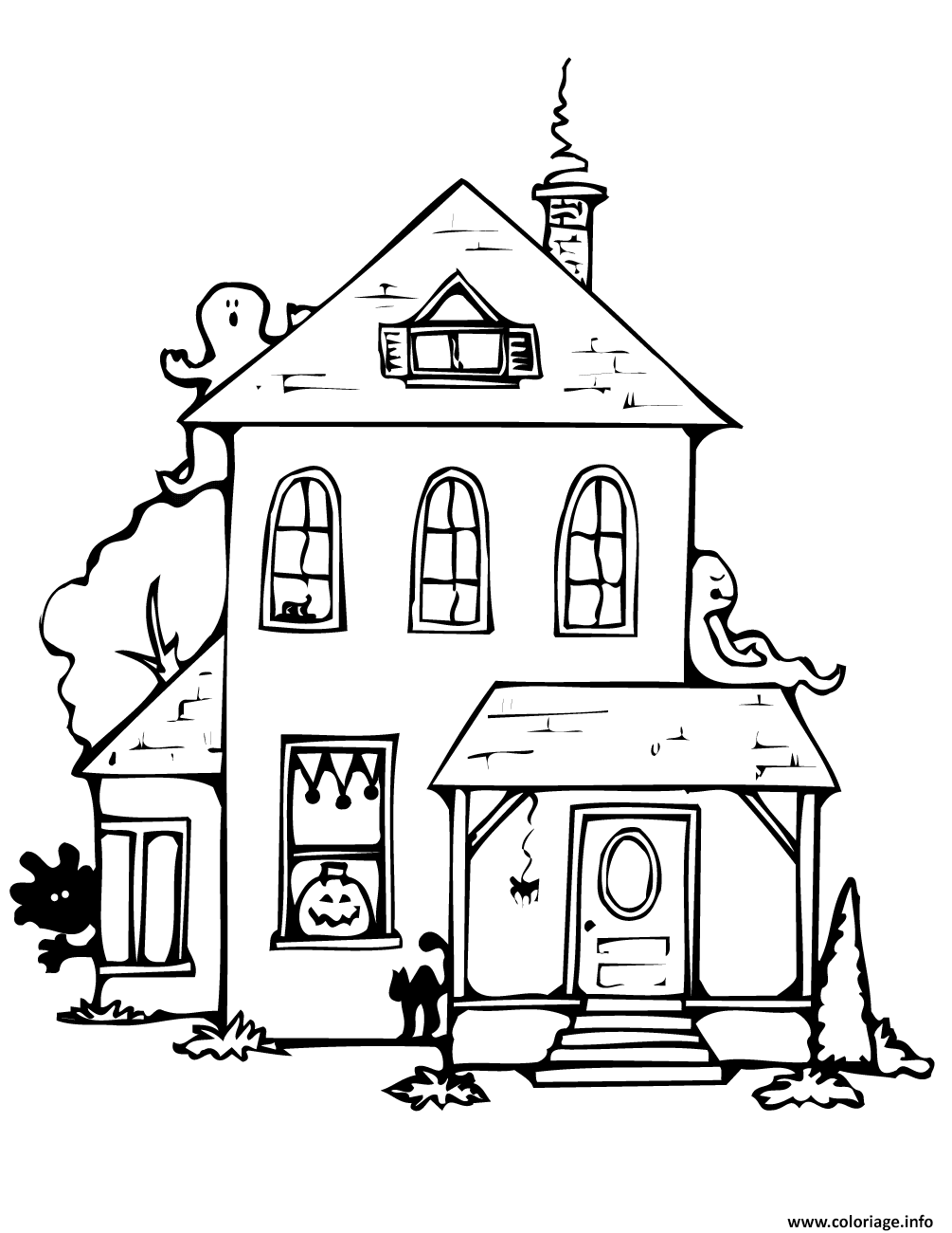 Dessin maison hantee halloween avec fantomes Coloriage Gratuit à Imprimer