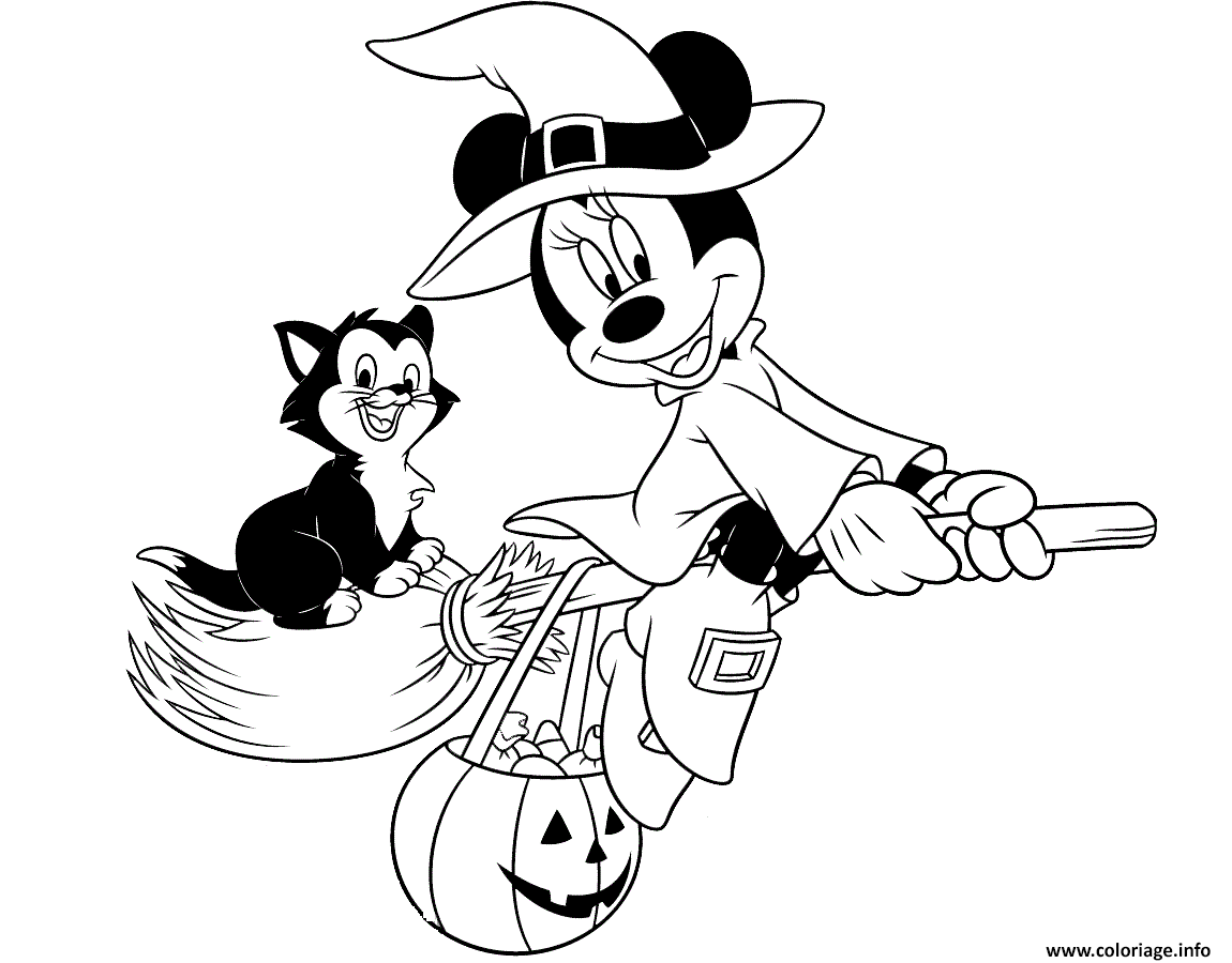 Dessin Minnie Mouse et Figaro Sorciere Halloween Disney Coloriage Gratuit à Imprimer