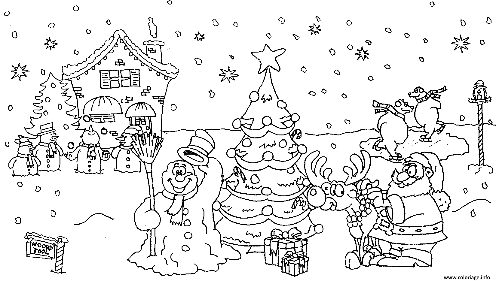 Coloriage noel paysage bonhomme de neige sapin maison reine - JeColorie.com