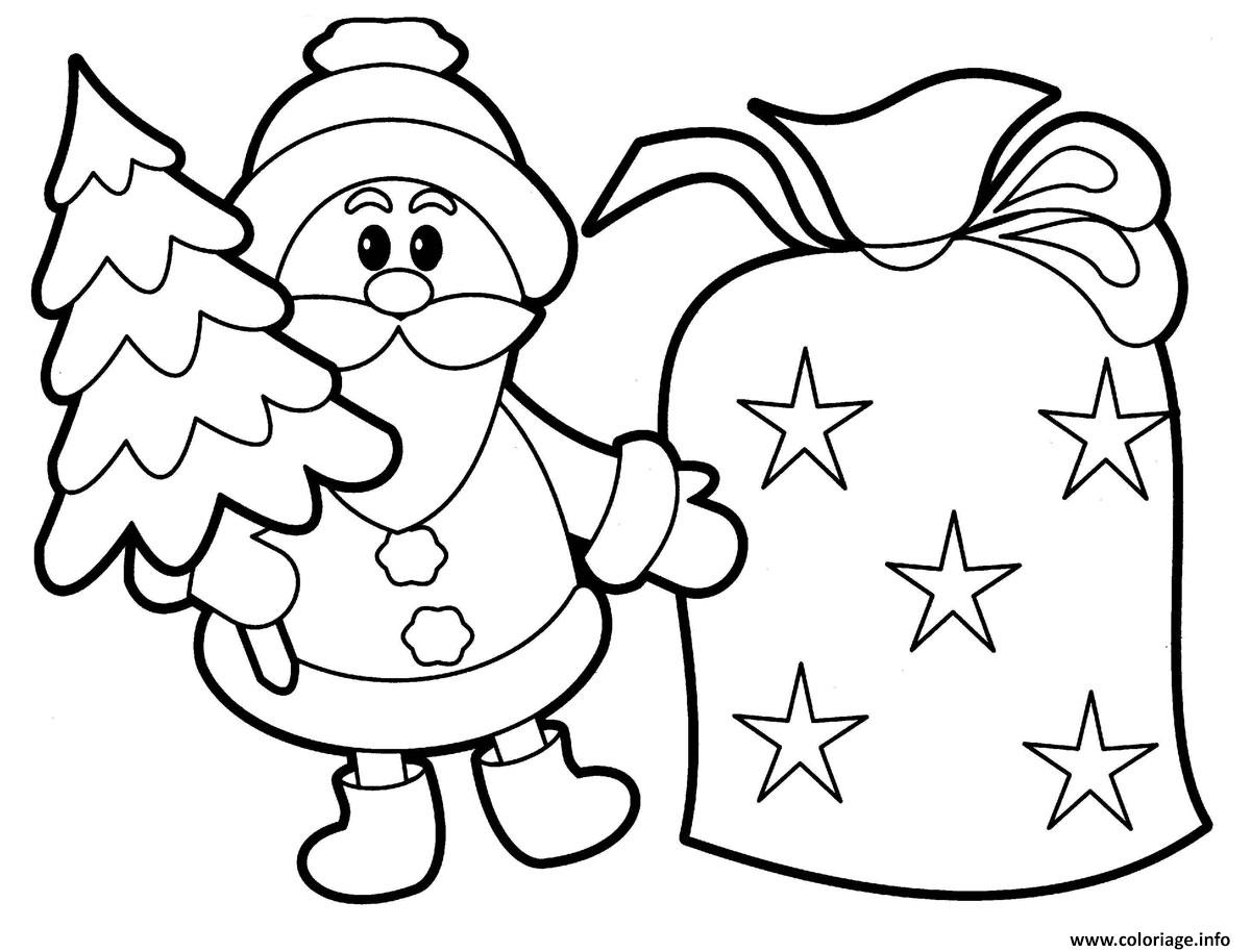 Dessin pere noel avec un sapin et sac de cadeaux Coloriage Gratuit à Imprimer