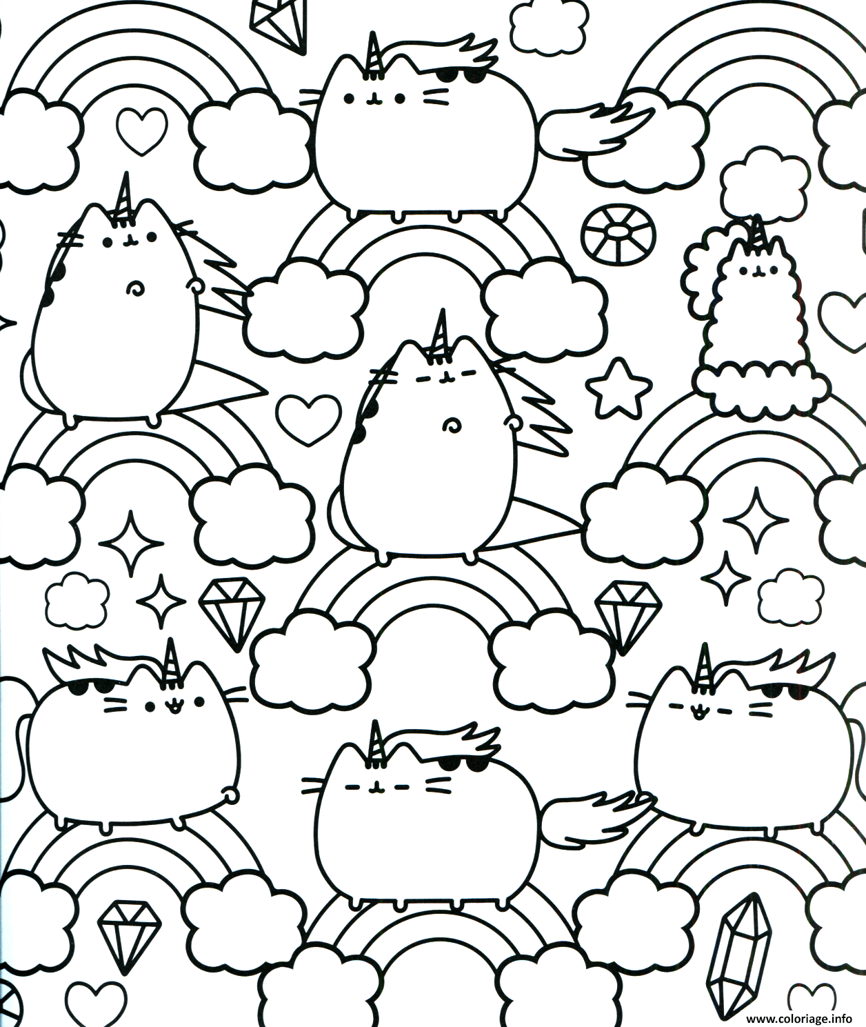 Dessin Pusheen Unicorn Arc en ciel pattern Coloriage Gratuit à Imprimer