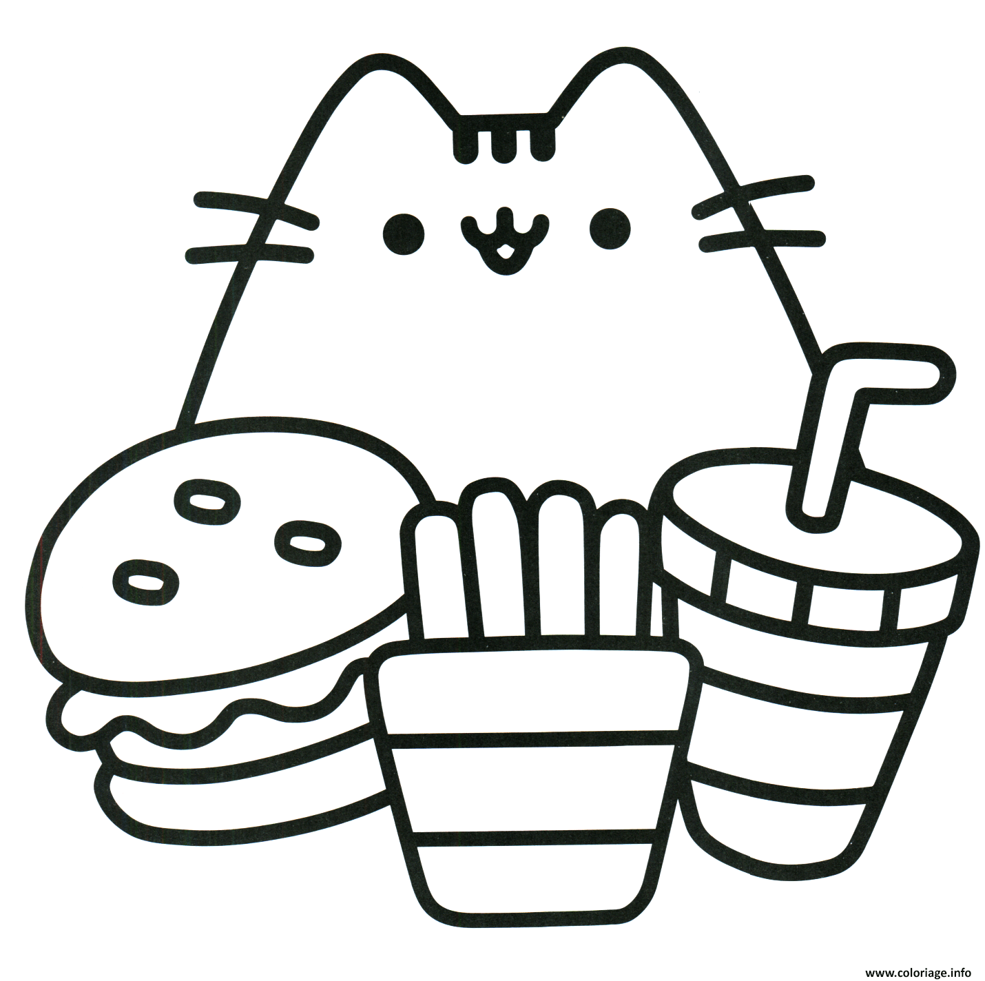 Dessin pusheen pret pour manger burger boisson mcdo Coloriage Gratuit à Imprimer