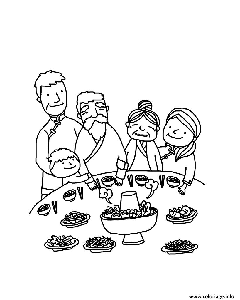 Dessin nouvel an chinois repas famille Coloriage Gratuit à Imprimer