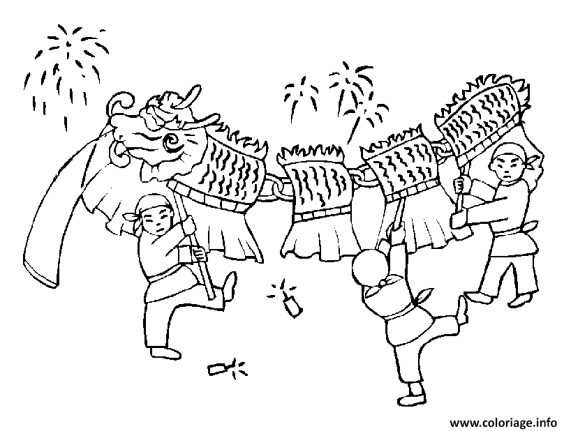 Dessin nouvel an chinois dragon defile Coloriage Gratuit à Imprimer