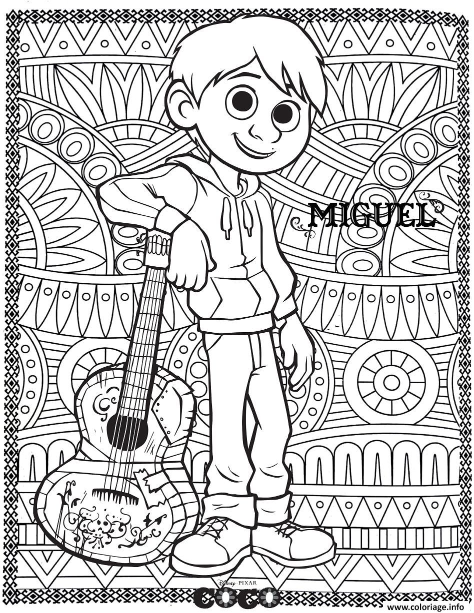 Dessin coco miguel avec fond mandala adulte Coloriage Gratuit à Imprimer