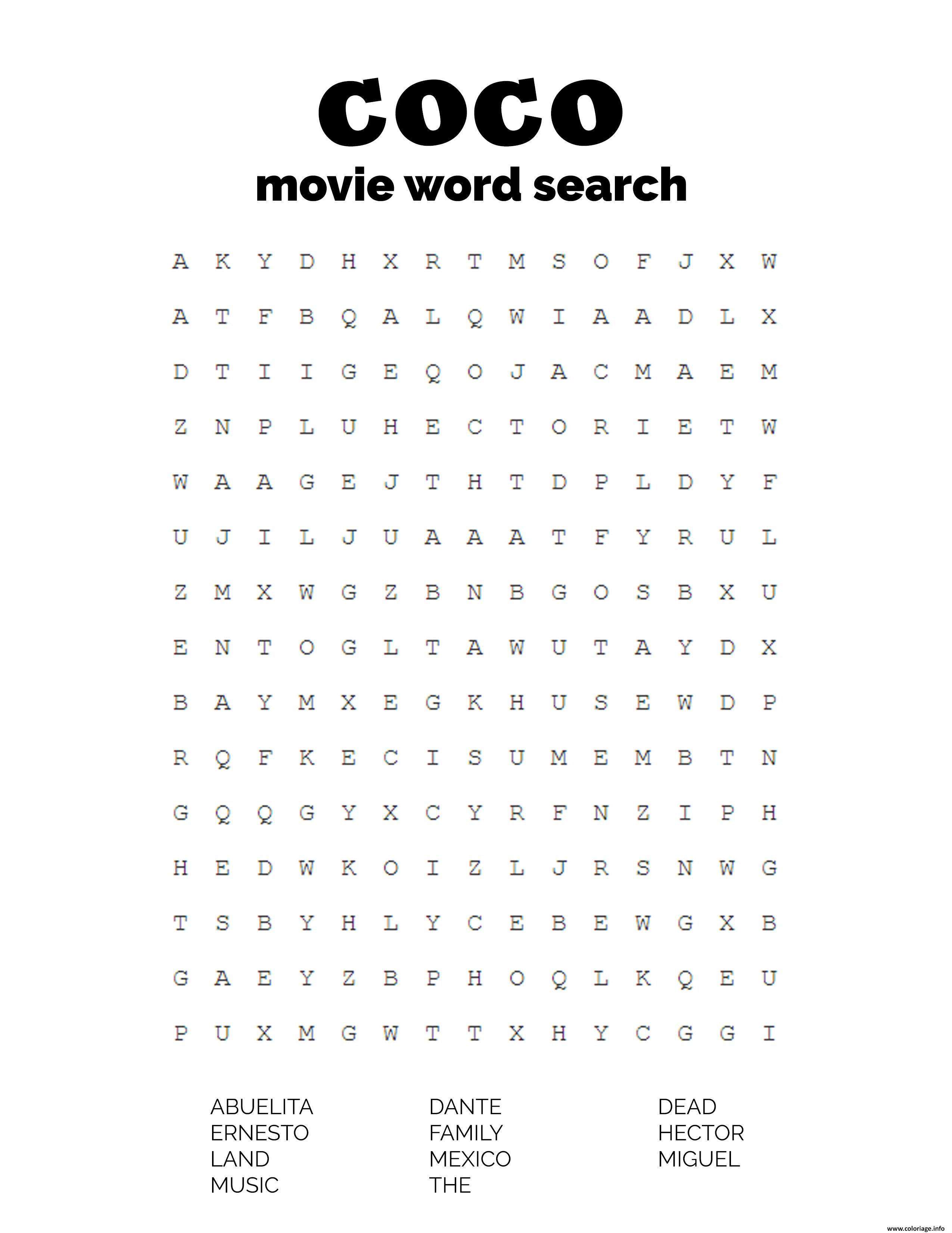 Dessin coco movie word search Coloriage Gratuit à Imprimer