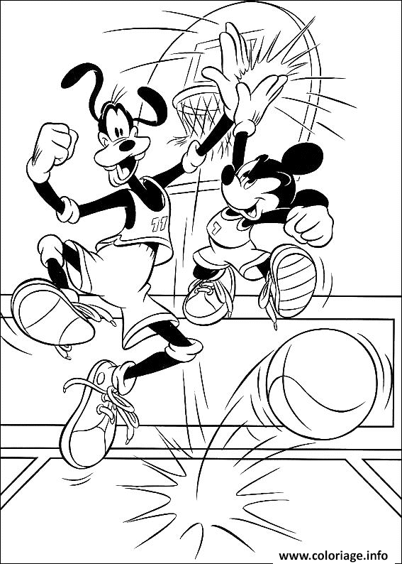 Dessin Mickey et Dingo joue au Backet Ball Coloriage Gratuit à Imprimer