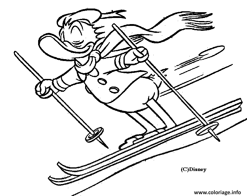 Dessin Donald fait du ski Disney Coloriage Gratuit à Imprimer