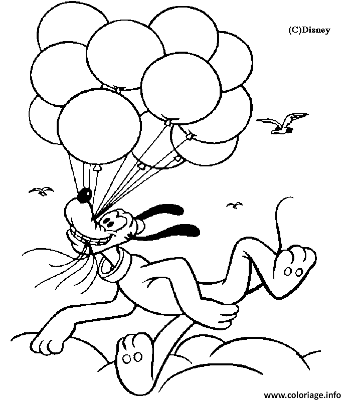 Dessin pluto vole grace a des ballons disney Coloriage Gratuit à Imprimer