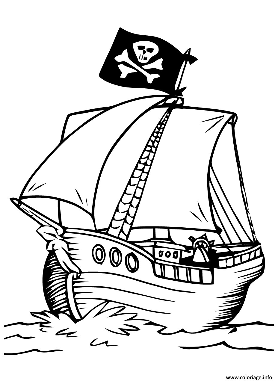 Dessin bateau de pirate avec drapeau tete de mort Coloriage Gratuit à Imprimer