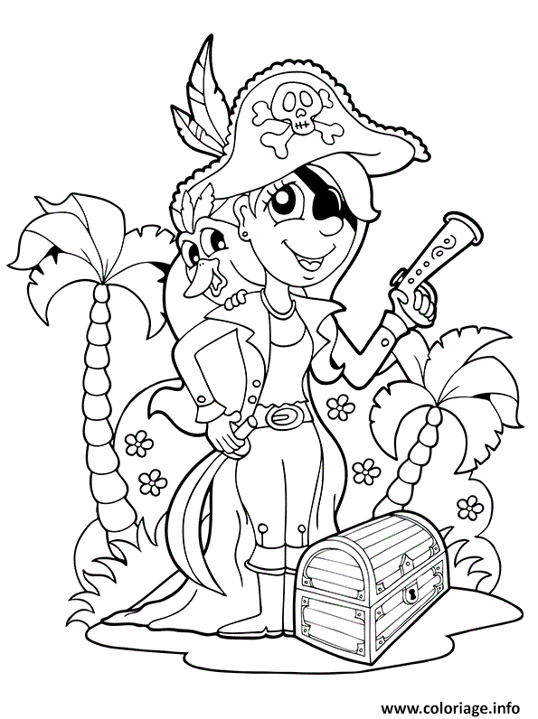 Dessin femme fille pirate avec fusil et oiseau Coloriage Gratuit à Imprimer