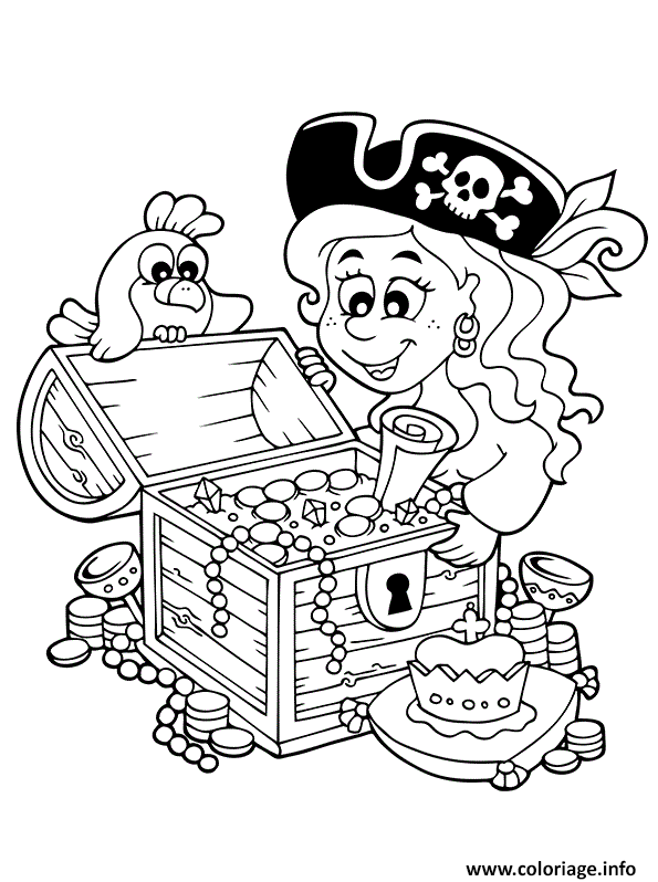 Dessin fille pirate ouvre un tresor Coloriage Gratuit à Imprimer