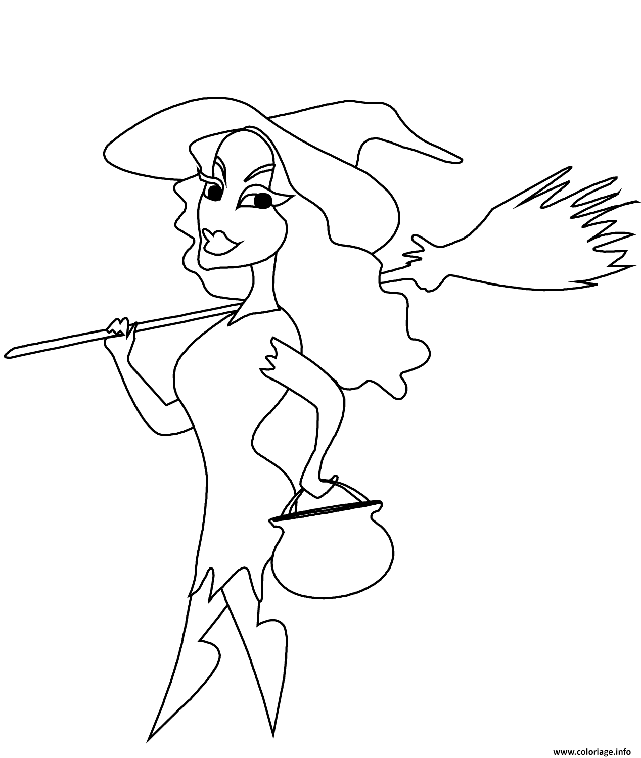 Coloriage Witch With Broomstick And Cauldron Halloween Dessin à Imprimer