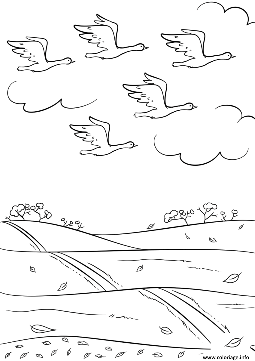 Dessin birds fly south in automne fall Coloriage Gratuit à Imprimer