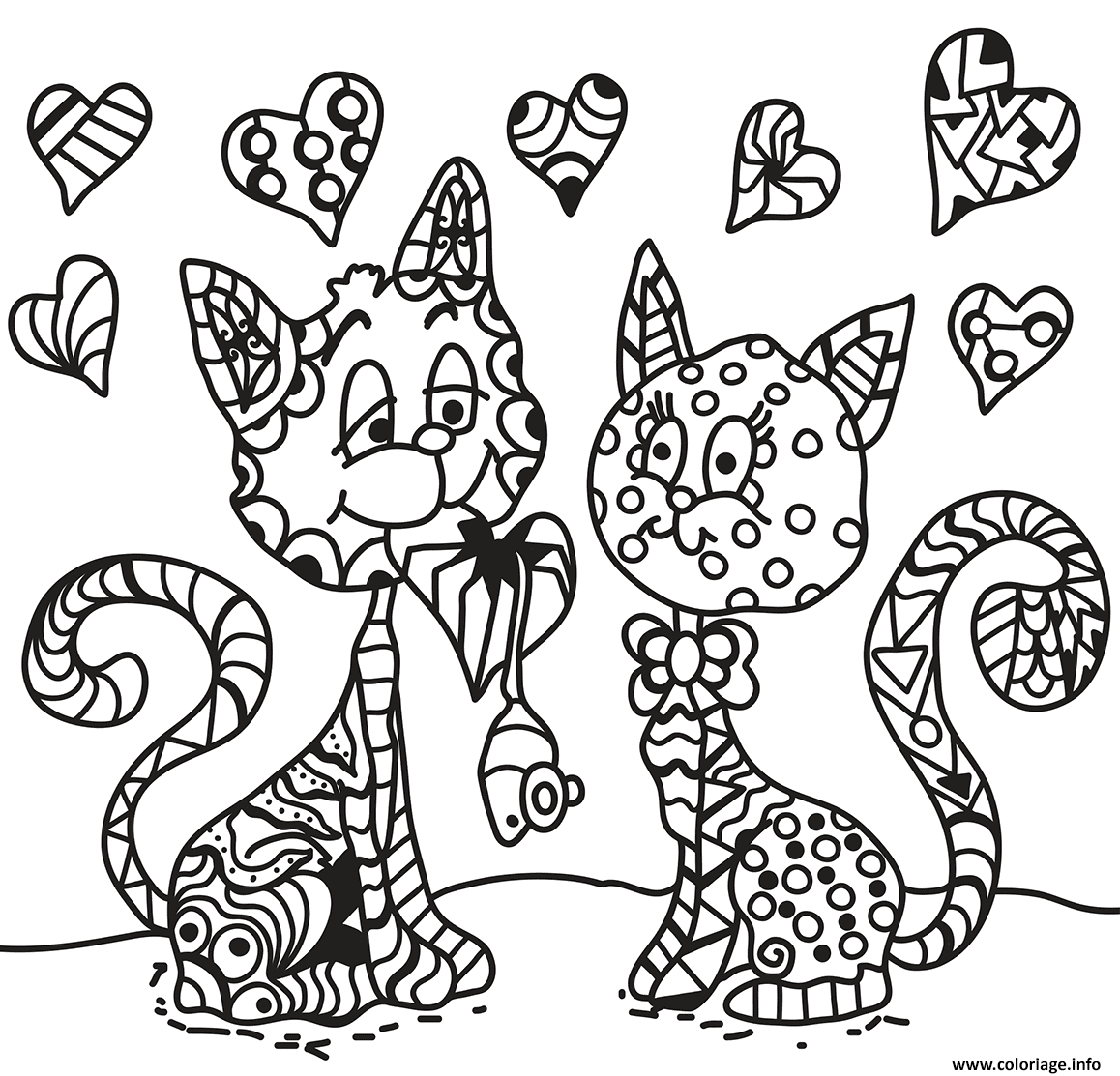 Dessin deux chats en amour zentangle adulte Coloriage Gratuit à Imprimer