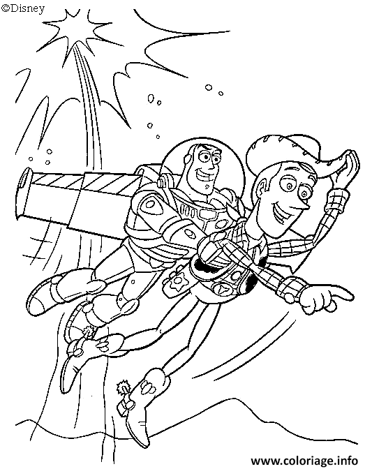 Dessin Buzz l Eclair vole avec Woody Coloriage Gratuit à Imprimer