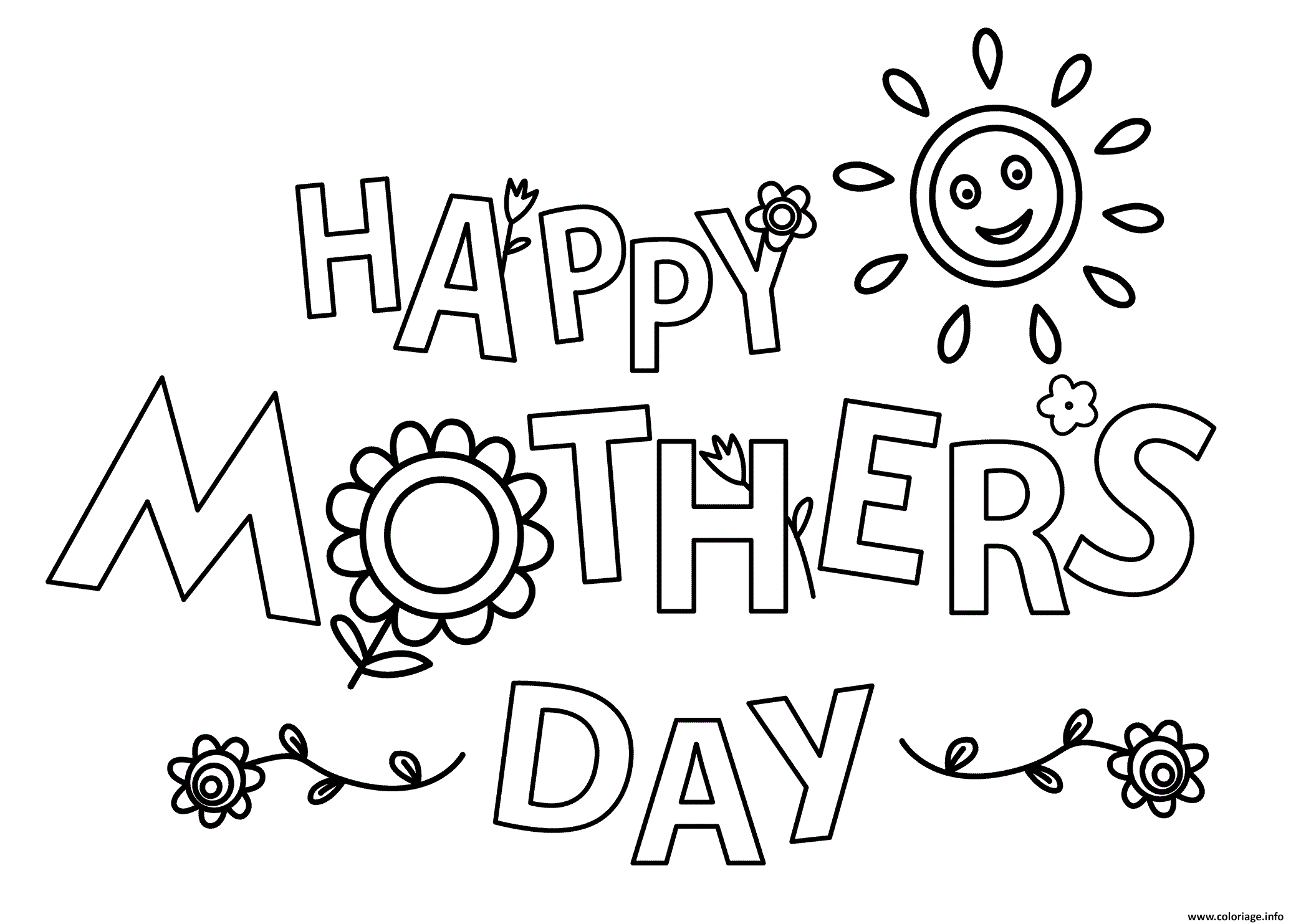 Dessin happy mothers day fleurs et soleil Coloriage Gratuit à Imprimer