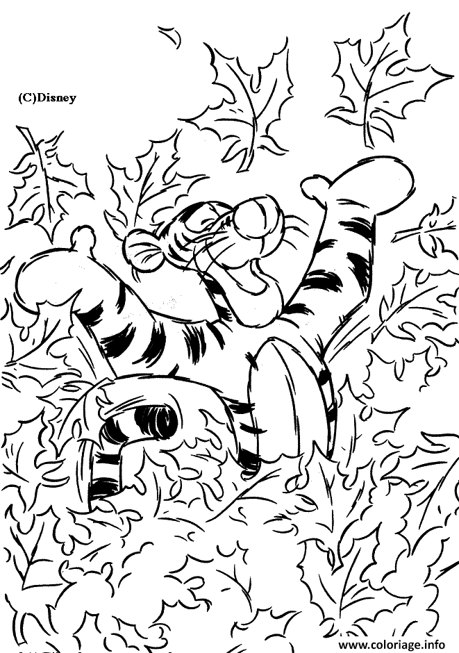 Dessin Tigrou s amuse dans les feuilles Coloriage Gratuit à Imprimer