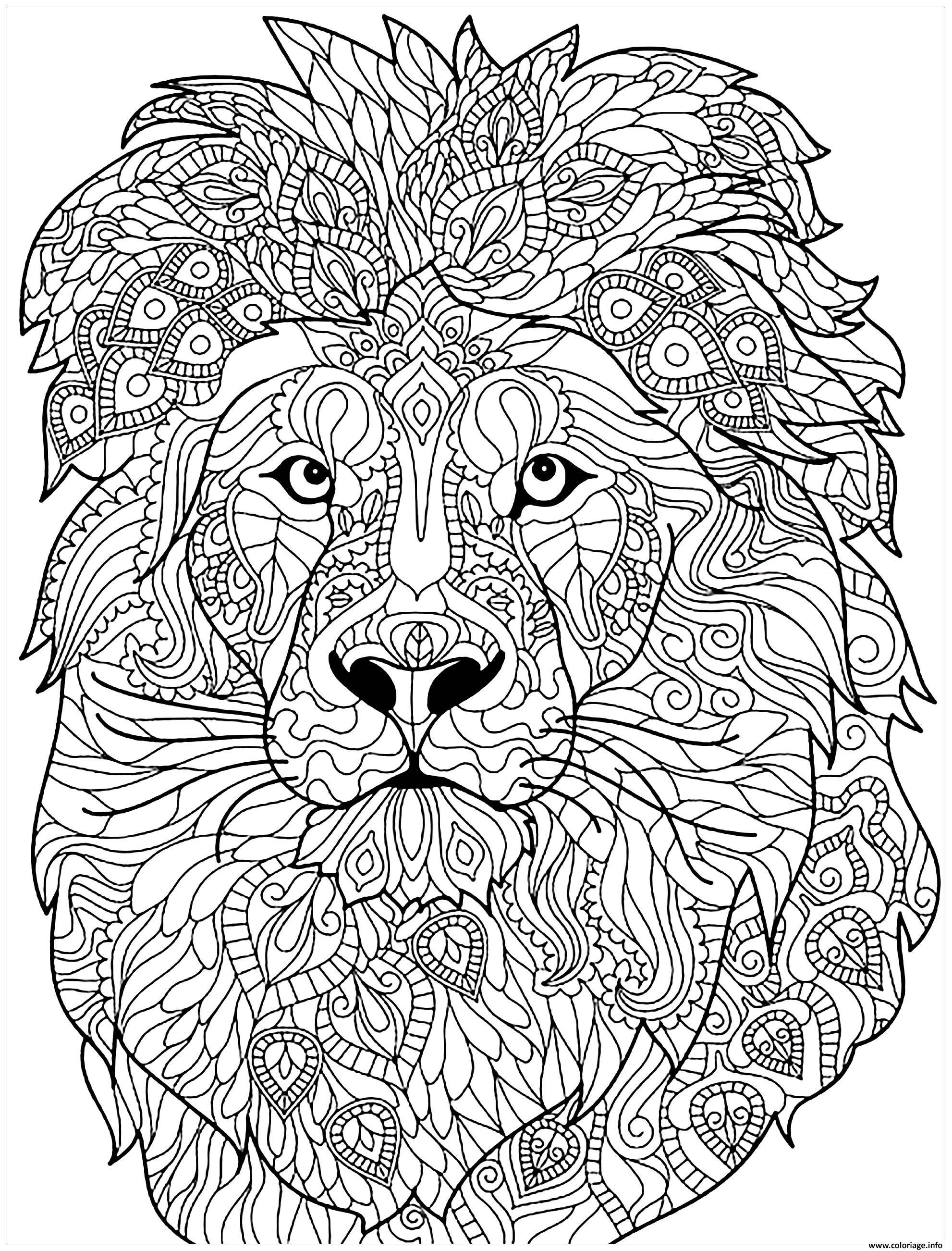 Coloriage adulte lion motifs complexes  JeColorie.com