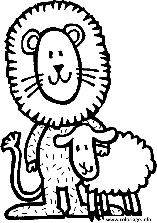 Dessin lion avec un mouton Coloriage Gratuit à Imprimer