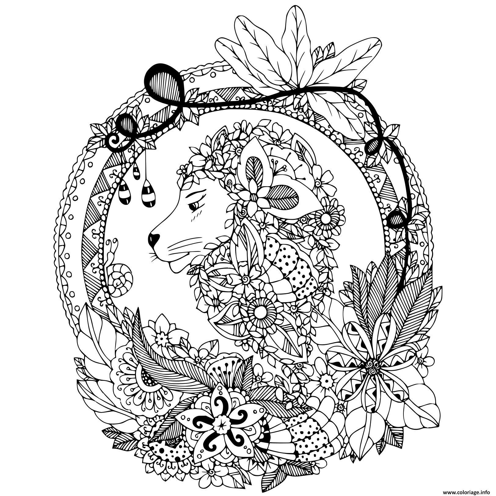 Dessin zentangle lion fleurs et vegetations pour adulte animaux Coloriage Gratuit à Imprimer