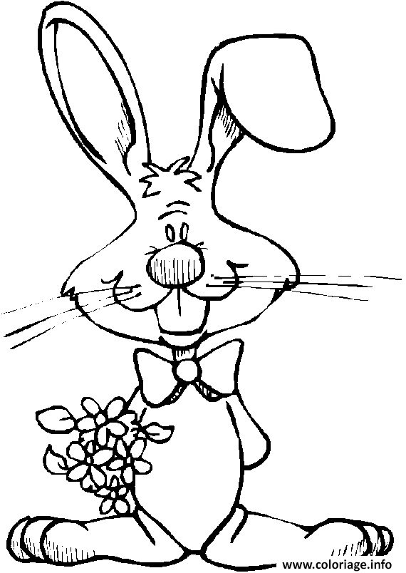 Dessin lapin grandes oreilles avec un bouquet de fleurs Coloriage Gratuit à Imprimer