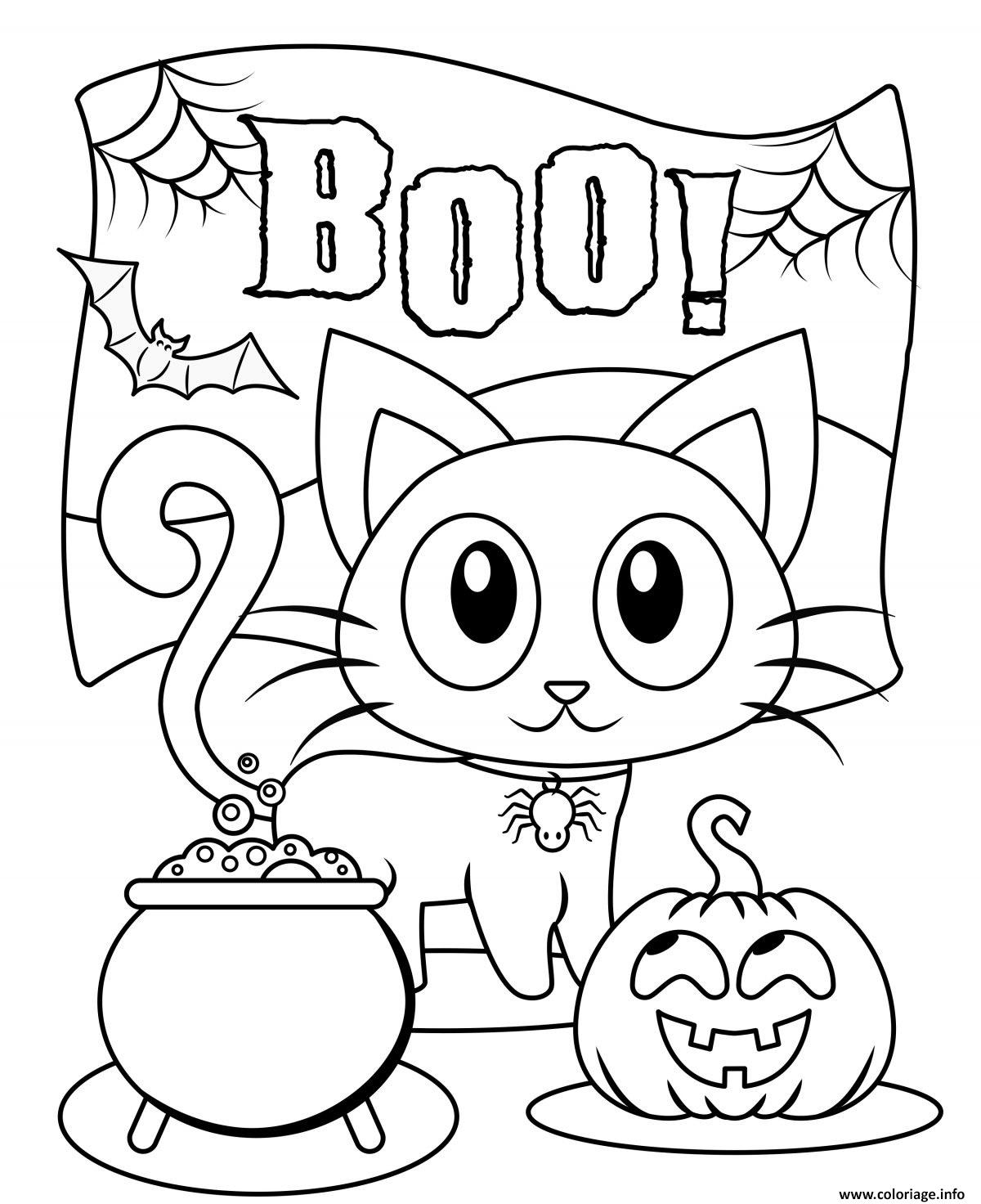 Dessin Halloween Boo Chat noir citrouille Coloriage Gratuit à Imprimer