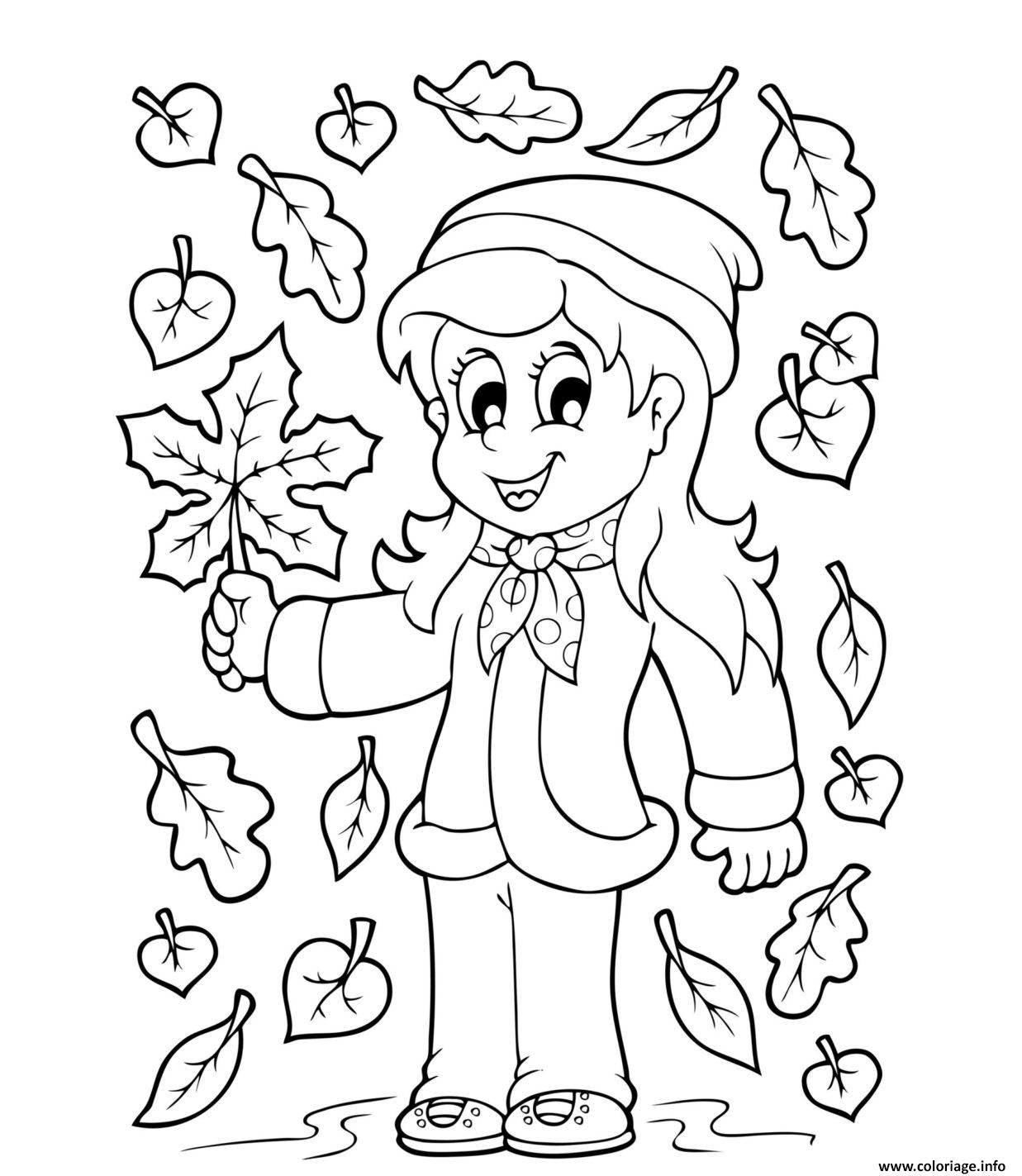 Coloriage Fille Feuilles Automne Dessin