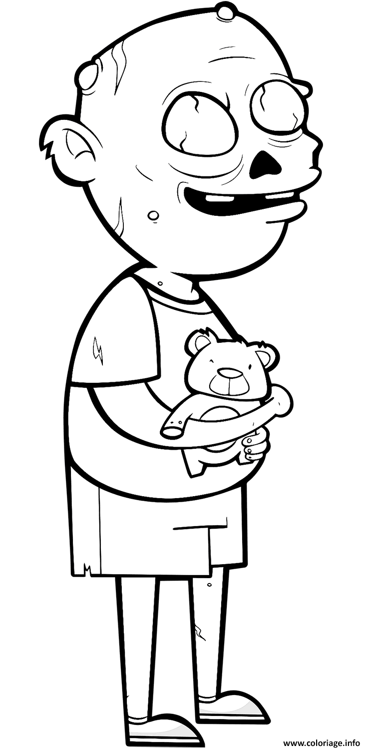 Dessin zombie tient un nounours Coloriage Gratuit à Imprimer