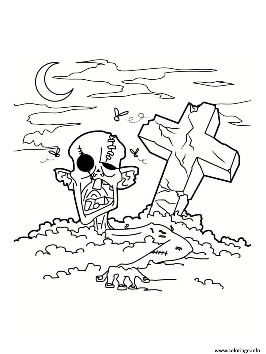 Dessin zombie mort vivant sort de son cercueil Coloriage Gratuit à Imprimer