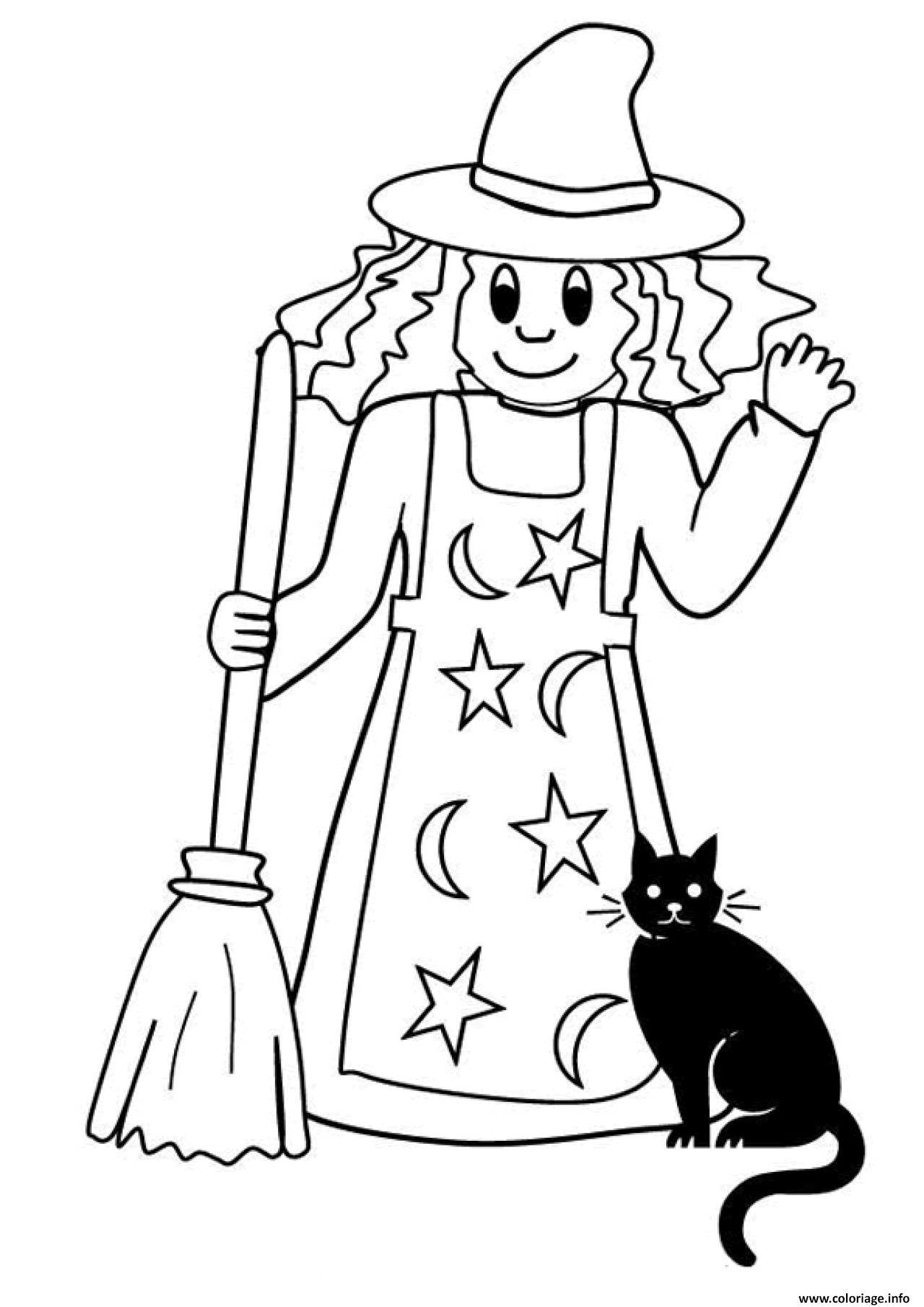 Dessin sorciere simple avec son chat noir Coloriage Gratuit à Imprimer