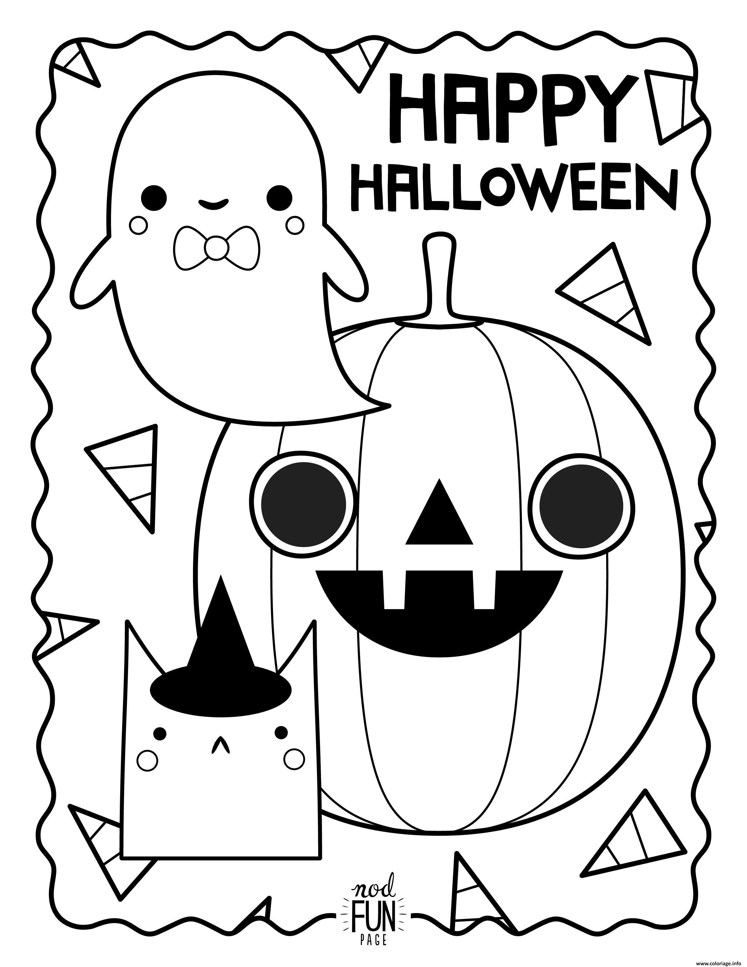 Dessin joyeuse halloween avec fantome citrouille et chat Coloriage Gratuit à Imprimer