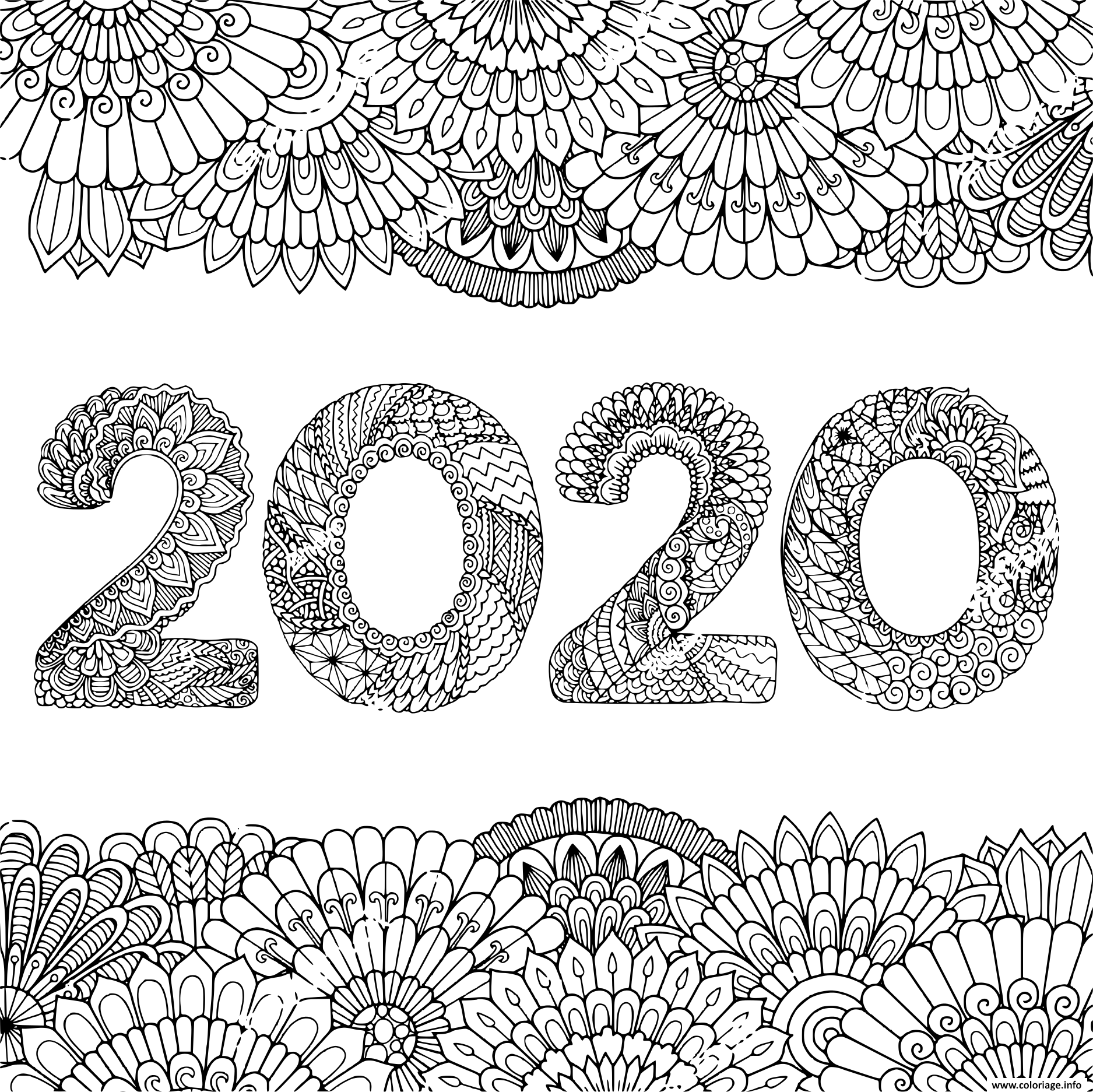Dessin nouvel an 2020 inside floral frame adult Coloriage Gratuit à Imprimer