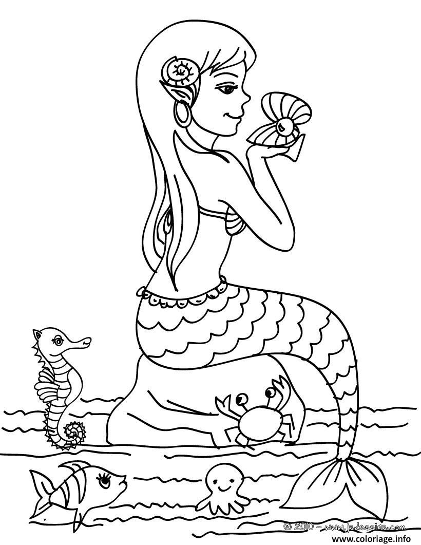 Coloriage La Sirene Sur Une Roche Avec Les Animaux De La Mer Dessin à Imprimer