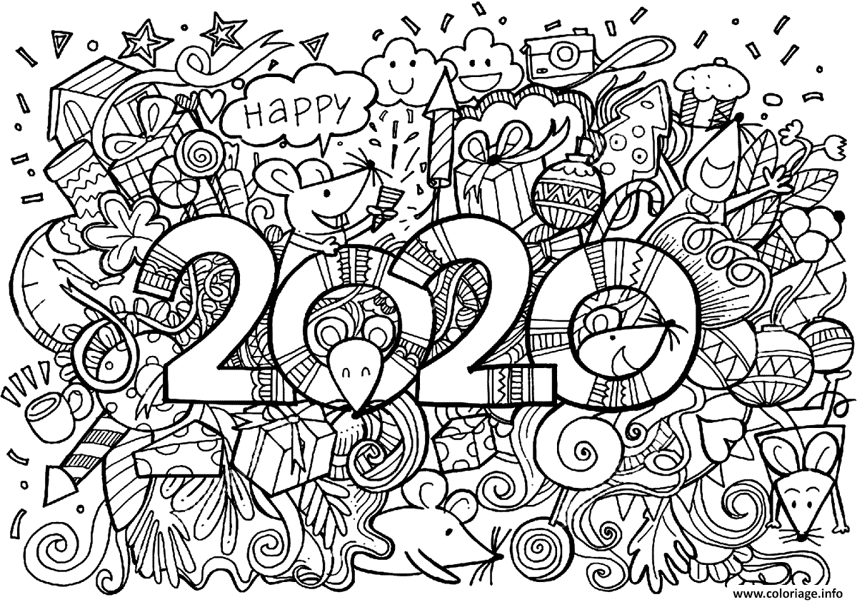 Dessin bonne annee 2020 nouvel an lunaire de nombreuses souris Coloriage Gratuit à Imprimer