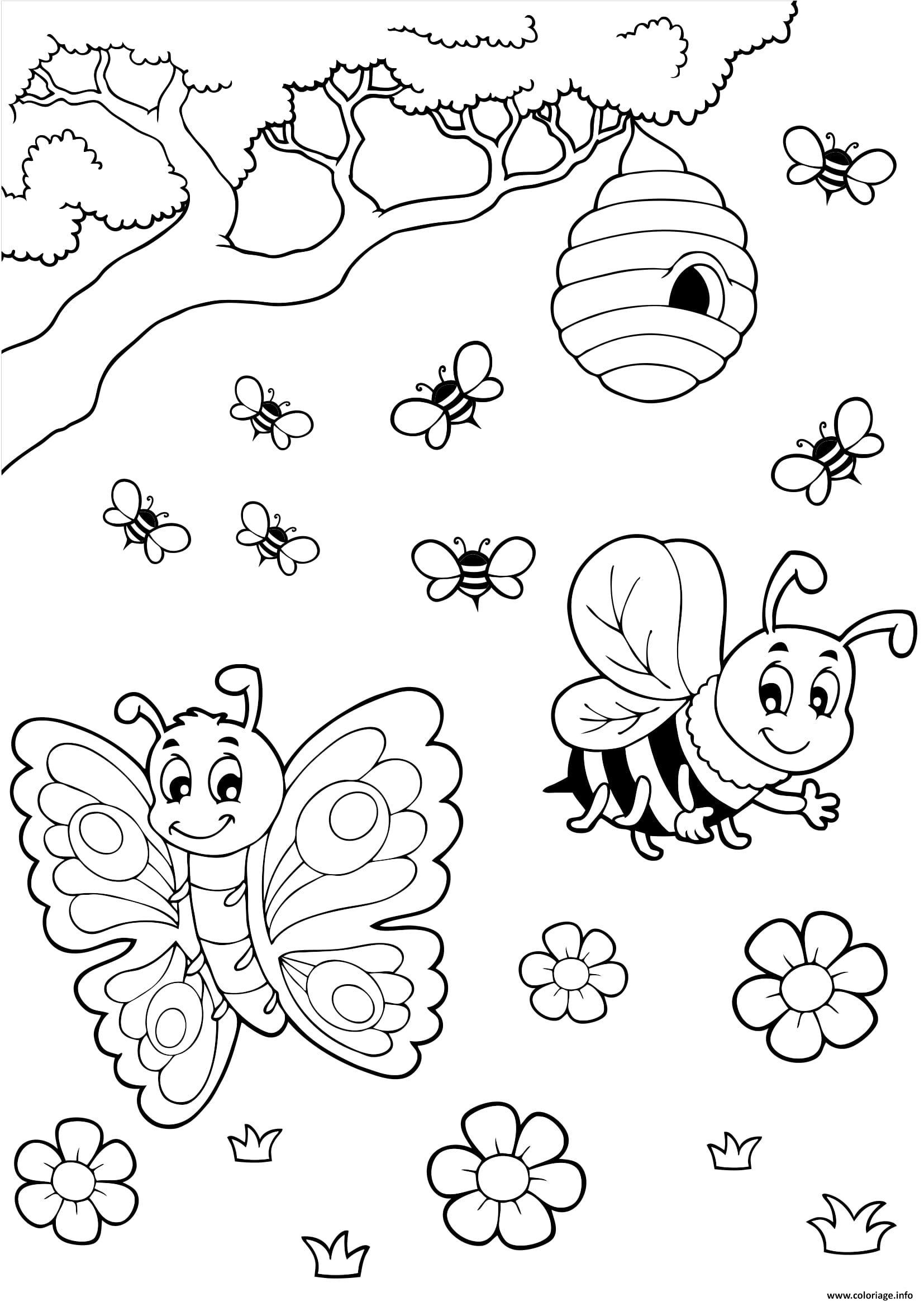 Dessin ruche papillon abeille miel Coloriage Gratuit à Imprimer