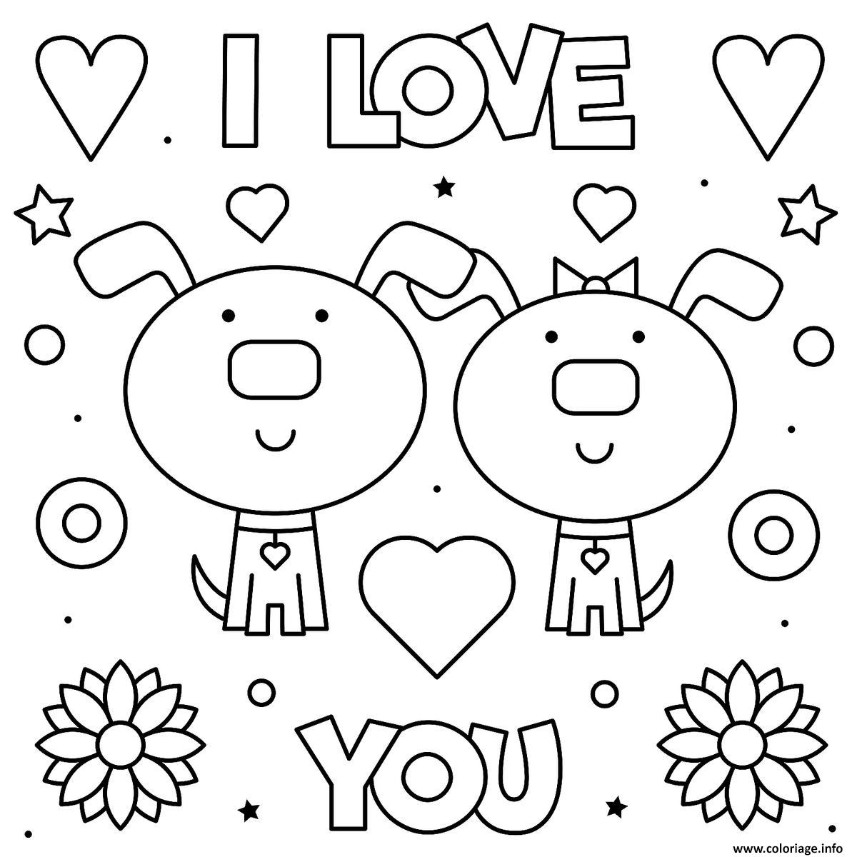 Dessin I Love you Je Taime deux chiens adorable Coloriage Gratuit à Imprimer