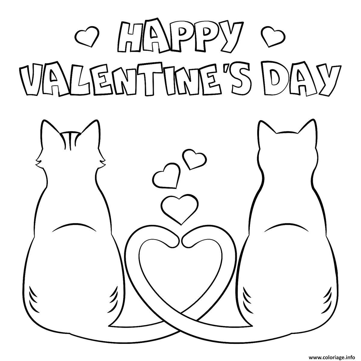 Dessin joyeuse saint valentin par deux chats amoureux Coloriage Gratuit à Imprimer