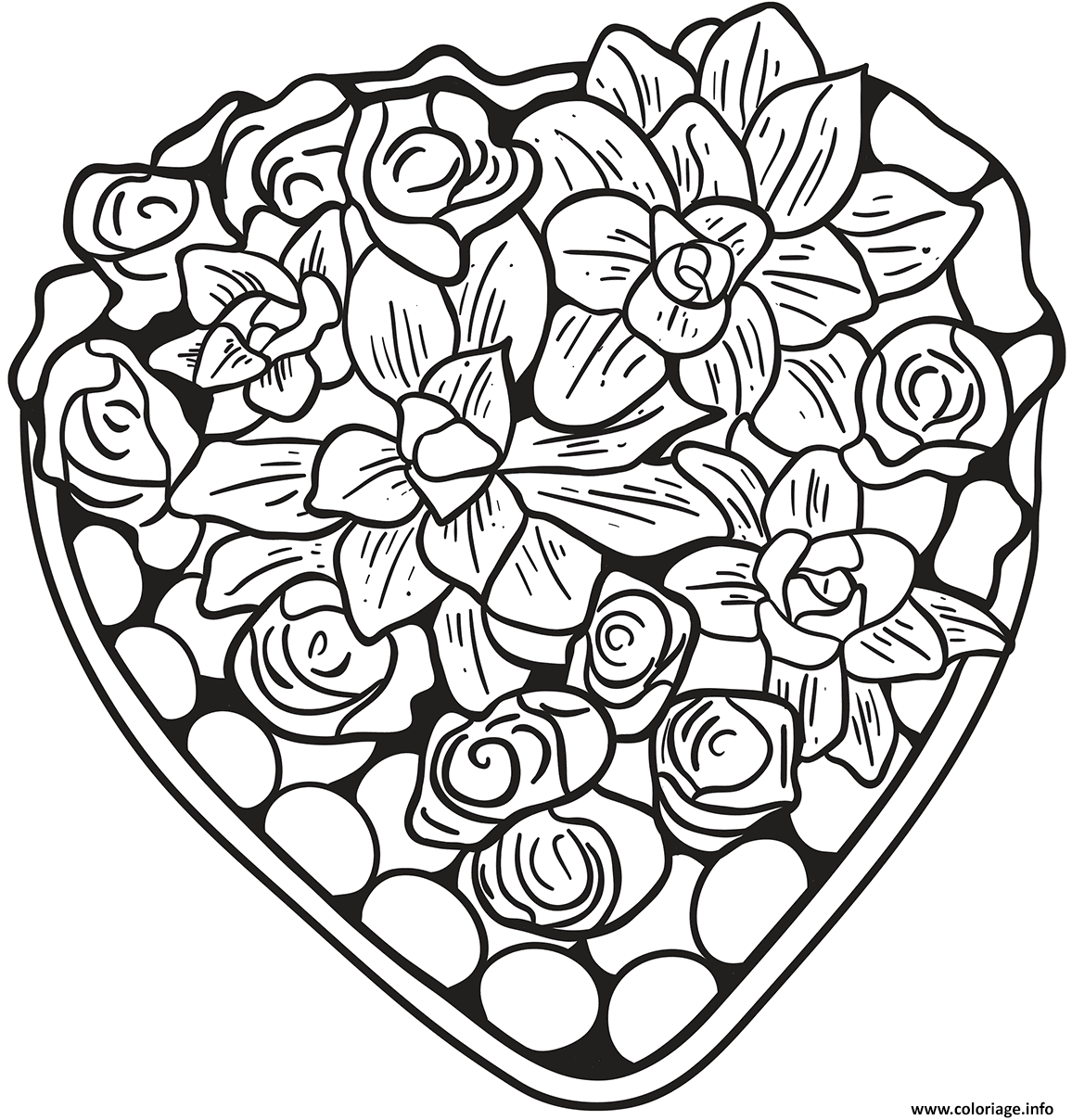 Dessin un jolie coeur fait de fleurs et roses Coloriage Gratuit à Imprimer