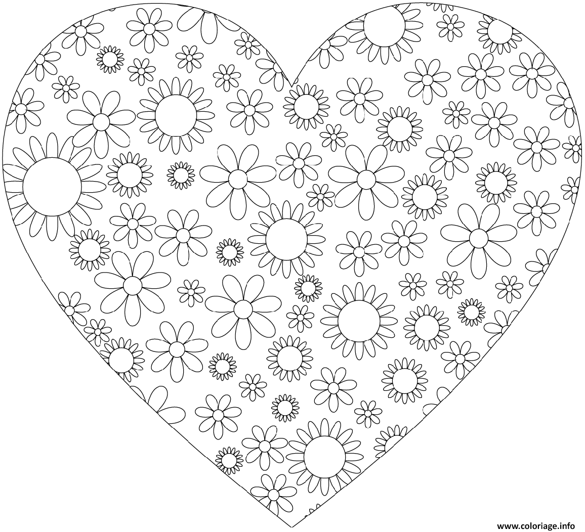 Dessin coeur simple avec motifs de fleurs Coloriage Gratuit à Imprimer