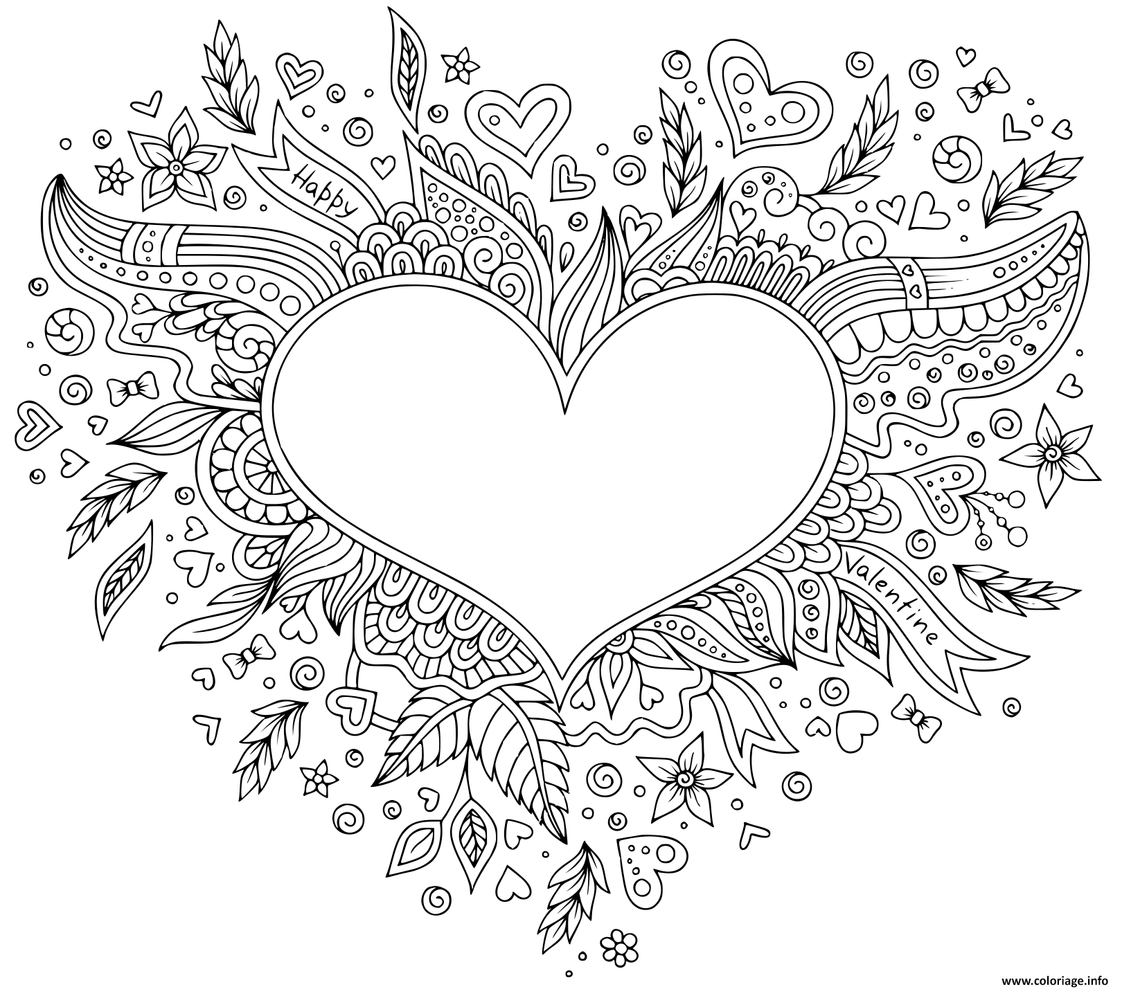 Dessin joyeuse st valentin coeur avec des motifs Coloriage Gratuit à Imprimer