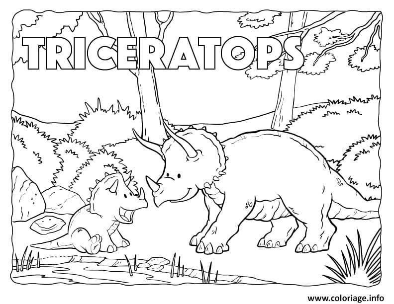 Dessin dinosaures herbivores triceratops avec son enfant Coloriage Gratuit à Imprimer