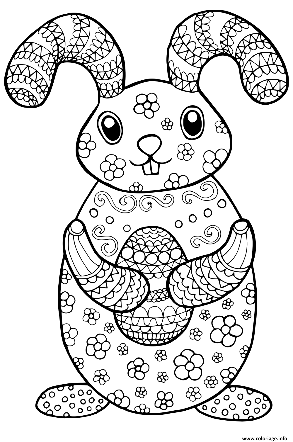 Dessin lapin de paques avec motifs de fleurs_1 Coloriage Gratuit à Imprimer