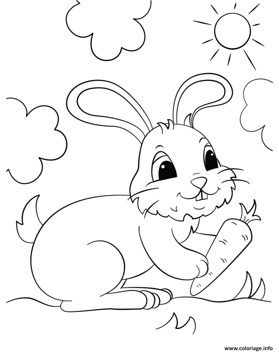 Dessin lapin tenant une carotte en plein soleil Coloriage Gratuit à Imprimer