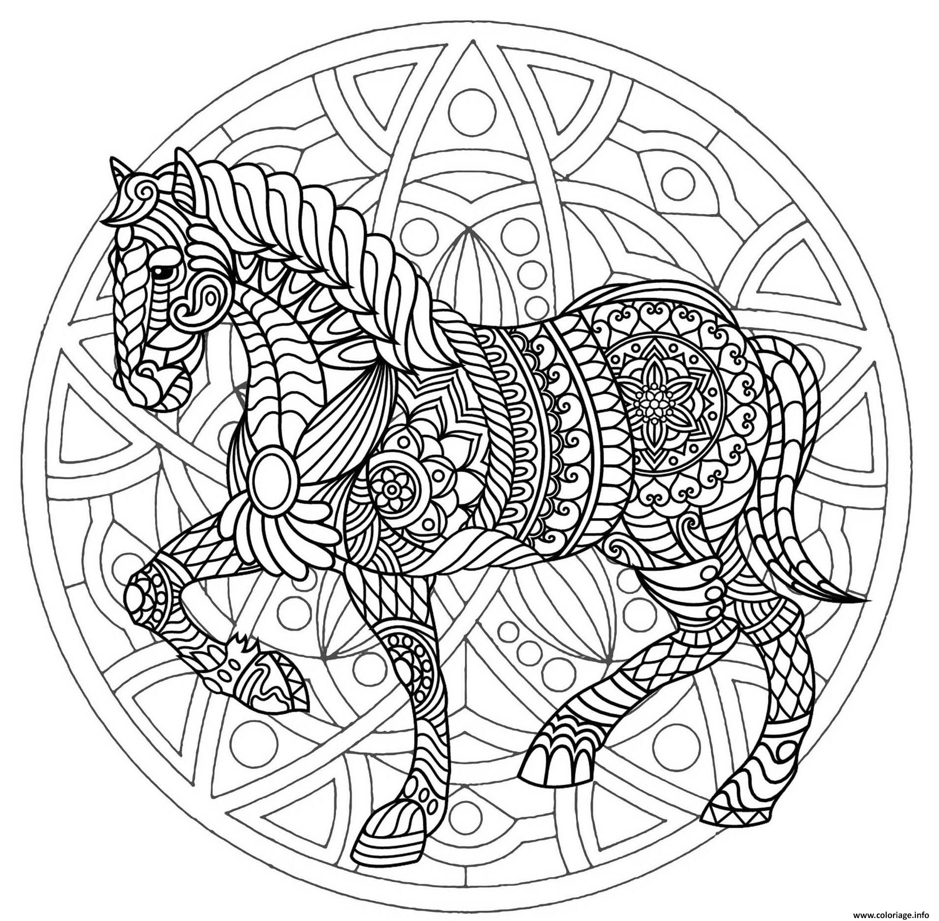 Coloriage mandala cheval simple et complexe  JeColorie.com