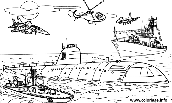 Coloriage Transport Militaire Bateau Navire Sous Marin Helicoptere Dessin à Imprimer