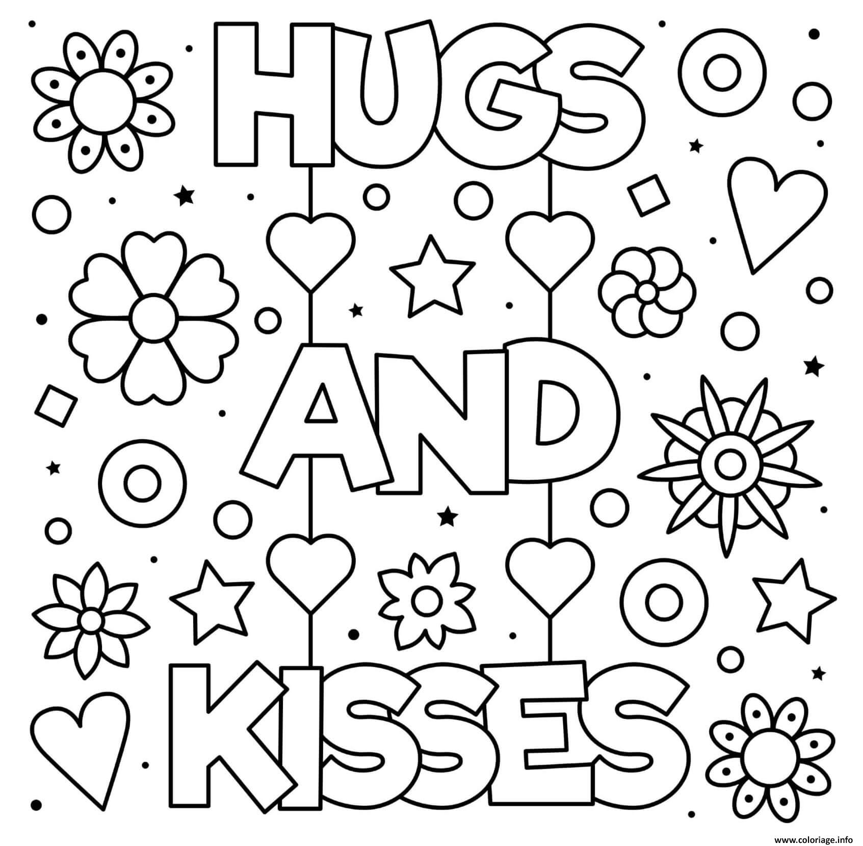 Dessin fete des meres hugs and kisses fleurs coeurs Coloriage Gratuit à Imprimer