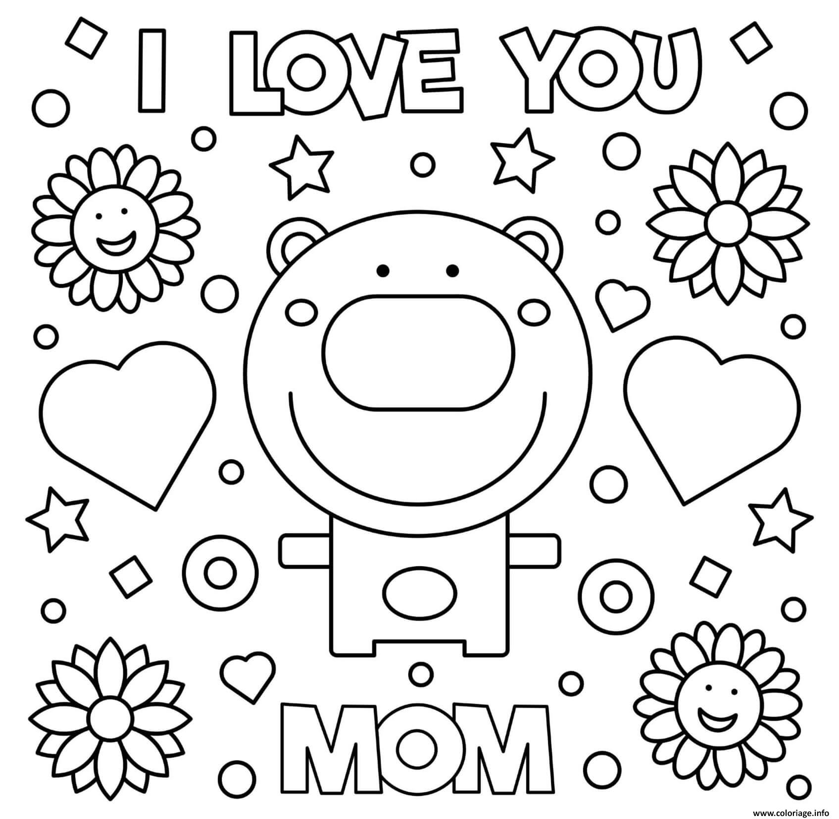 Dessin fete des meres je taime maman bear coeurs fleurs Coloriage Gratuit à Imprimer